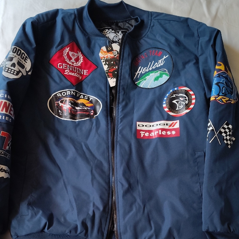 Men's Navy Dodge X Reason Bomber Jacket Limited Edition Collab Large NWT